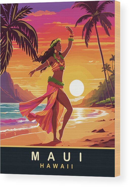 Maui Wood Print featuring the digital art Maui, Hawaii, Dancing Hula Girl by Long Shot