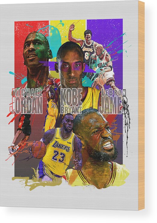 Nba Wood Print featuring the digital art Michael Jordan-Kobe Bryant-LeBron James Watercolor Splatter Painting by Triple Six
