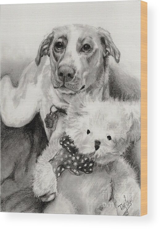 Dog Wood Print featuring the drawing Mixed Breed with Teddy Bear by Terri Mills