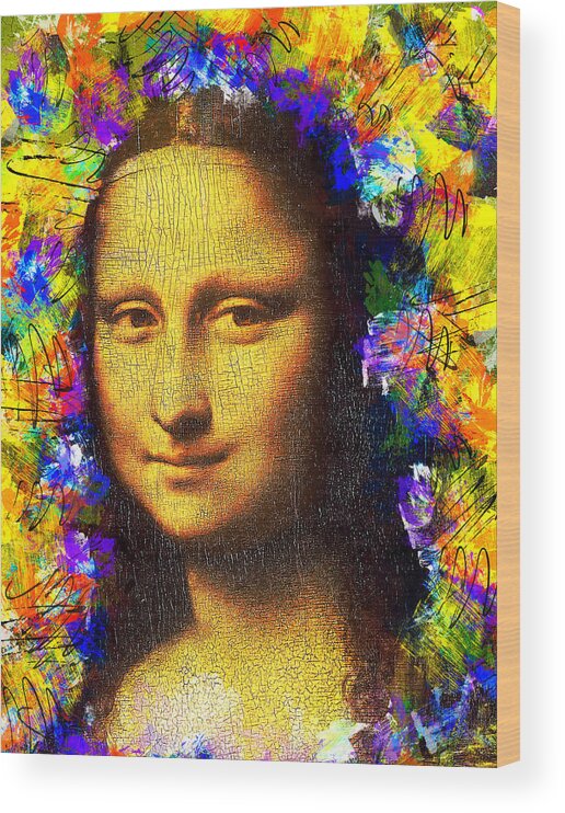 Mona Lisa Wood Print featuring the digital art Mona Lisa golden colorful portrait - digital recreation by Nicko Prints