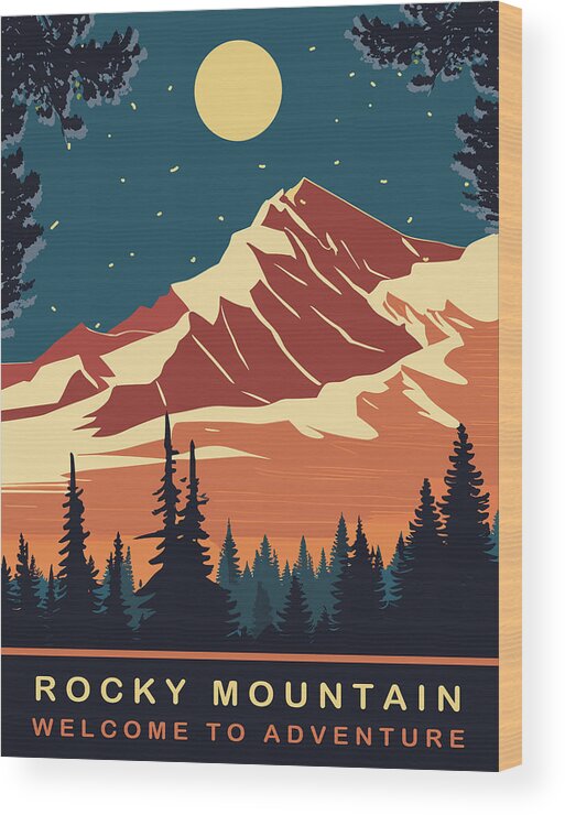Rocky Mountain Wood Print featuring the digital art Moon Over Rocky Mountain by Long Shot
