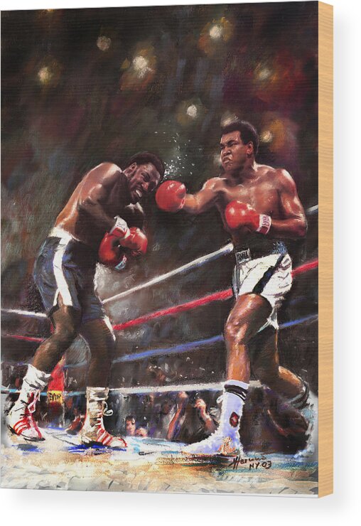 Muhammad Ali Wood Print featuring the painting Muhammad Ali and Joe Frazier by Ylli Haruni