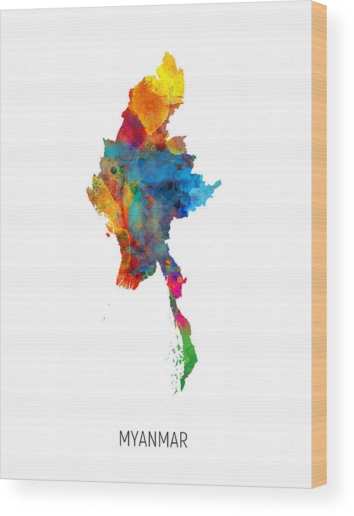 Myanmar Wood Print featuring the digital art Myanmar Watercolor Map by Michael Tompsett