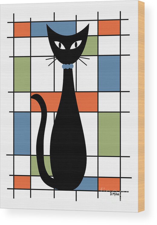 Abstract Black Cat Wood Print featuring the digital art No Background Mondrian Abstract Cat 1 by Donna Mibus