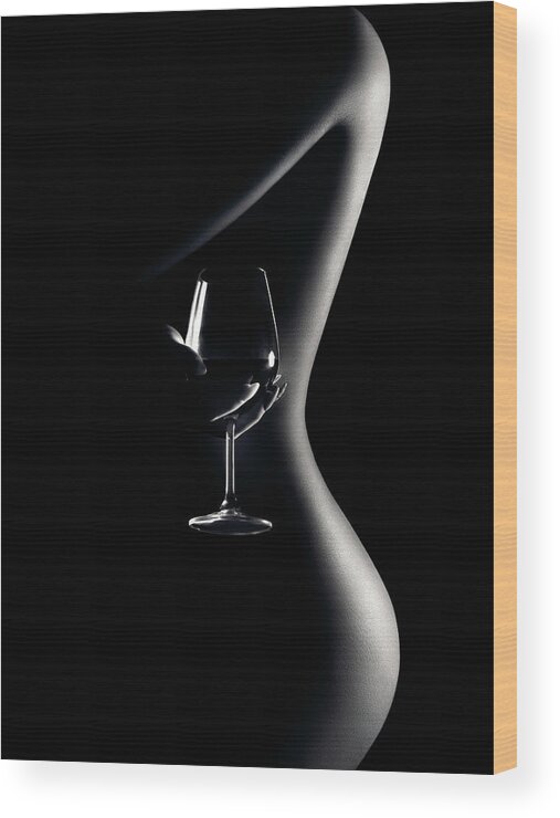 Woman Wood Print featuring the photograph Nude woman red wine 3 by Johan Swanepoel