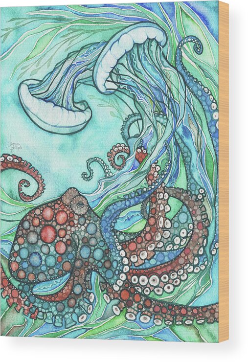 Ocean Wood Print featuring the painting Octopus and Jellyfish by Tamara Phillips