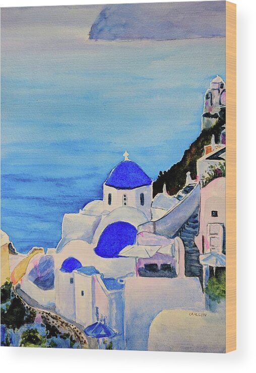 Oia Wood Print featuring the painting Oia Santorini Greek Island by Carlin Blahnik CarlinArtWatercolor