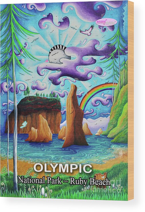 Olympic National Park Wood Print featuring the painting Olympic National Park PoP Art Maximalist Home Decor for Her of Ruby Beach MeganAroon by Megan Aroon