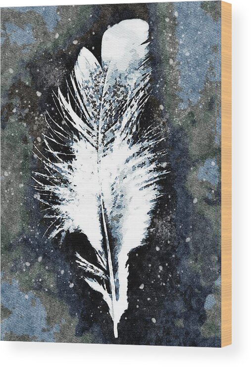 White Wood Print featuring the mixed media One White Feather Abstracted Watercolor Painting by Shelli Fitzpatrick