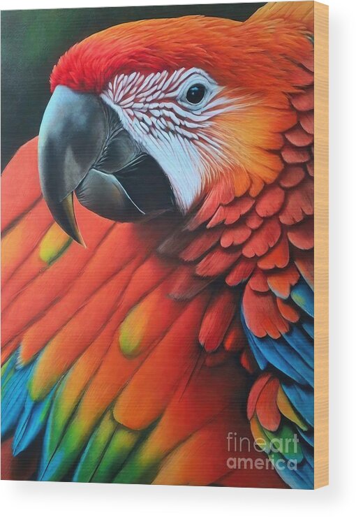 Colorful Wood Print featuring the painting Painting Scarlet Macaw colorful nature parrot bir by N Akkash