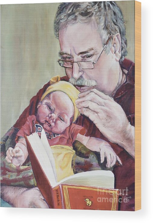 Grandfather Wood Print featuring the painting Pepere reads Pooh by Merana Cadorette