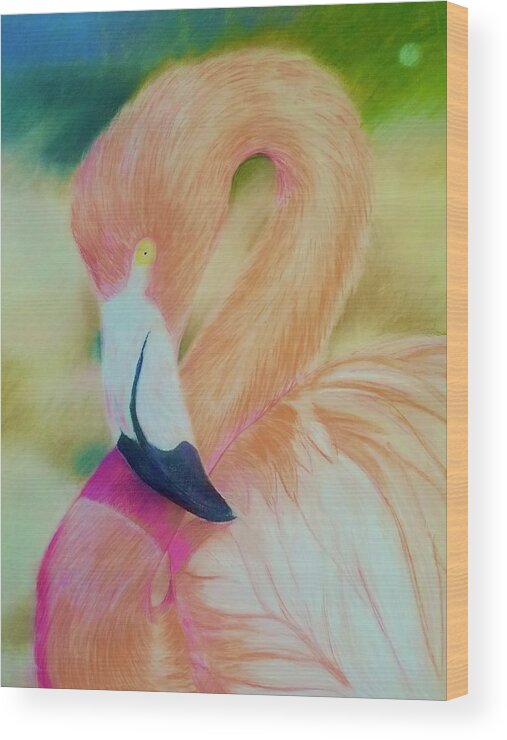 Bird Wood Print featuring the pastel Pink Flamingo Portrait by Joe Roache