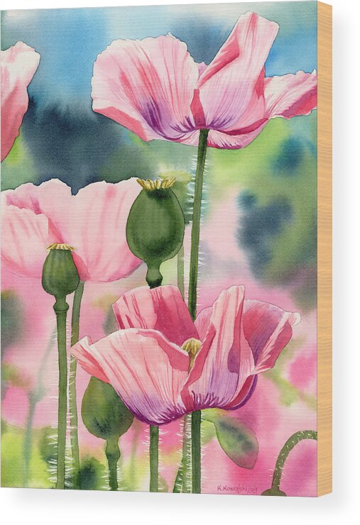 Pink Wood Print featuring the painting Pink Poppies by Espero Art