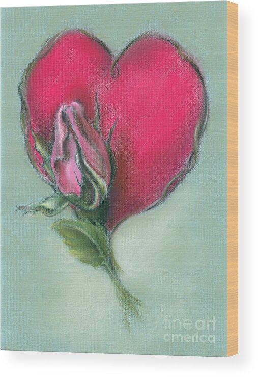 Botanical Wood Print featuring the painting Pink Rosebud and Heart by MM Anderson