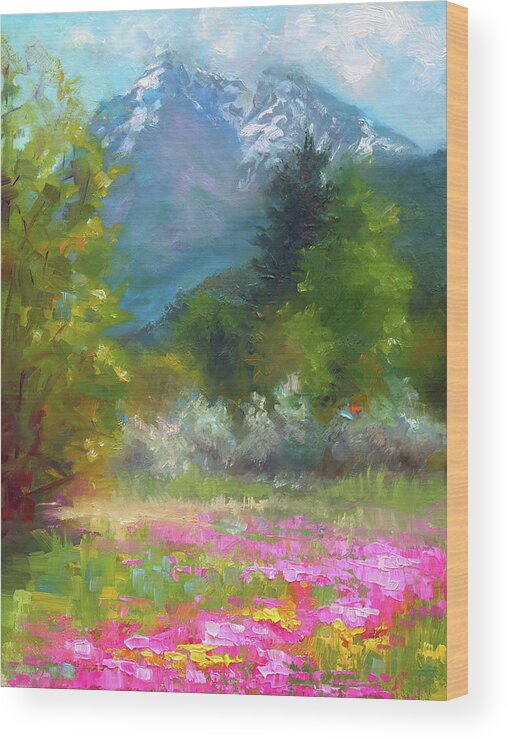 Wildflower Wood Print featuring the painting Pioneer Peaking - flowers and mountain in Alaska by Talya Johnson