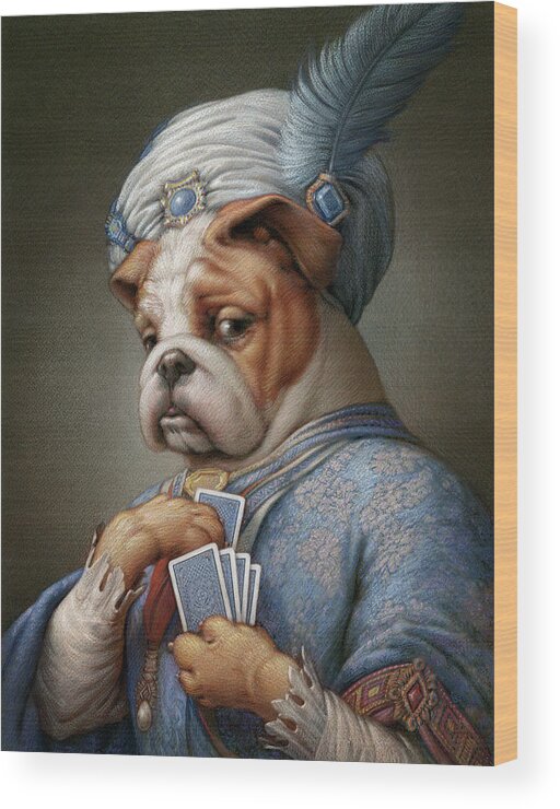 Bulldog Wood Print featuring the pastel Pokerdog Bulldog by Kurt Wenner