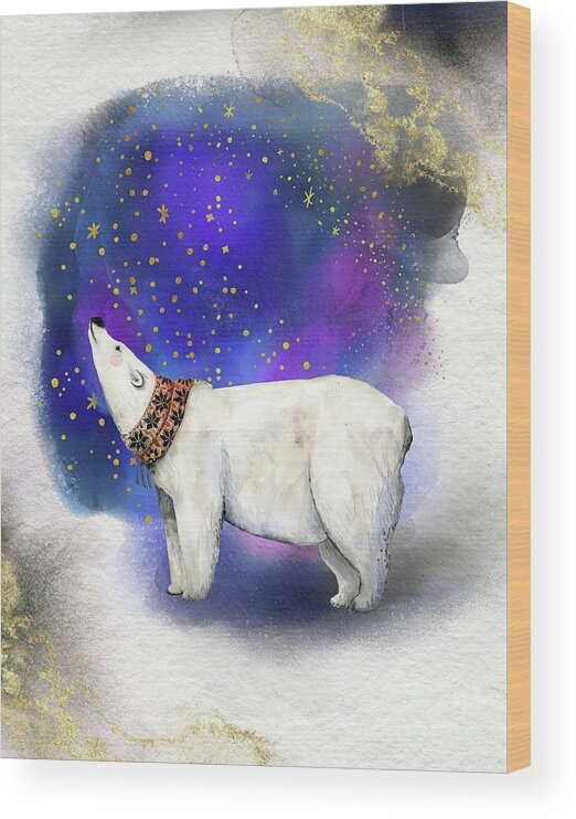 Polar Bear Wood Print featuring the painting Polar Bear With Golden Stars by Garden Of Delights