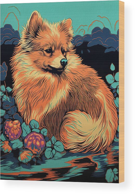 Pomeranian Wood Print featuring the painting Pomeranian Dog 001 - Bruno Pokopen by Bruno Pokopen