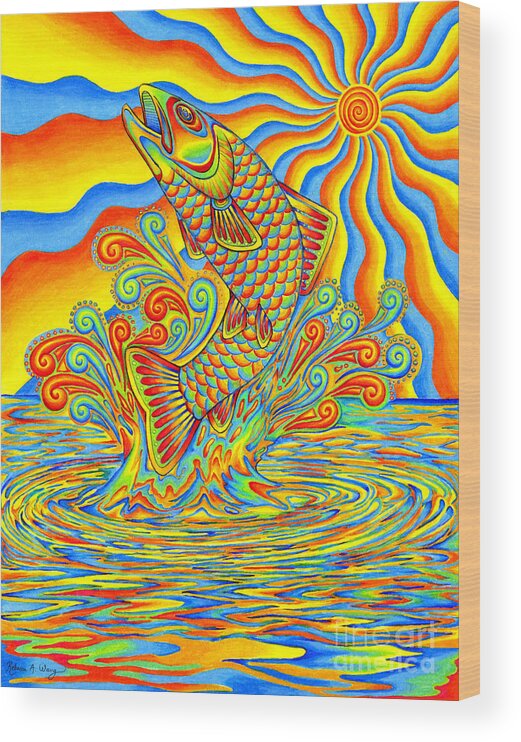Psychedelic Wood Print featuring the drawing Psychedelic Rainbow Trout Fish by Rebecca Wang