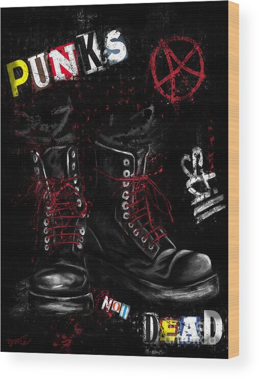 Punk's Not Dead Wood Print featuring the painting Punk's not dead painting, punk rock boots by Nadia CHEVREL