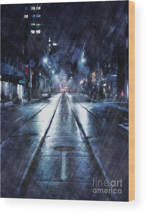 Weather Wood Print featuring the digital art Rainy Night Downtown by Phil Perkins