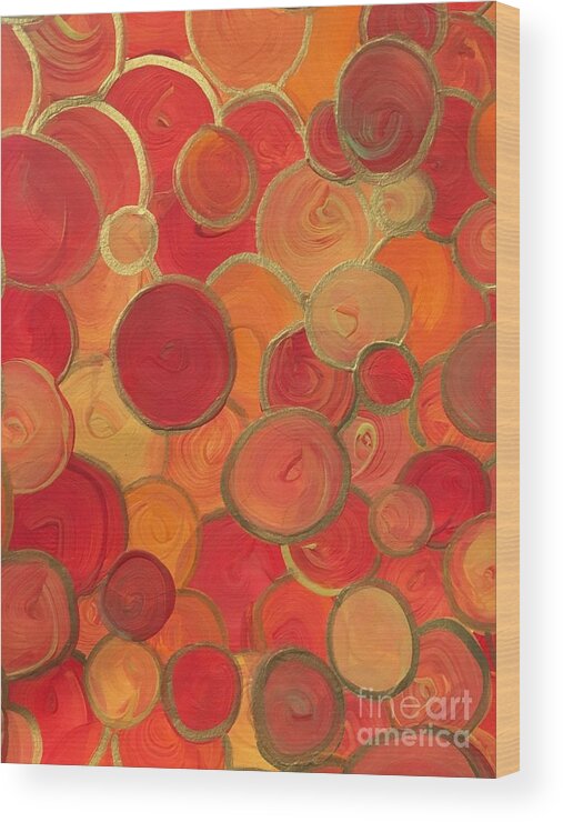 Abstract Wood Print featuring the painting Red and Gold Bubbles by Debora Sanders