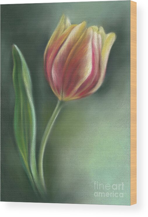Botanical Wood Print featuring the painting Red and Yellow Tulip with Leaf by MM Anderson