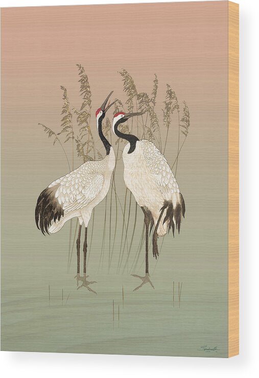 Crane Wood Print featuring the digital art Red Crowned Cranes at Sunset by M Spadecaller