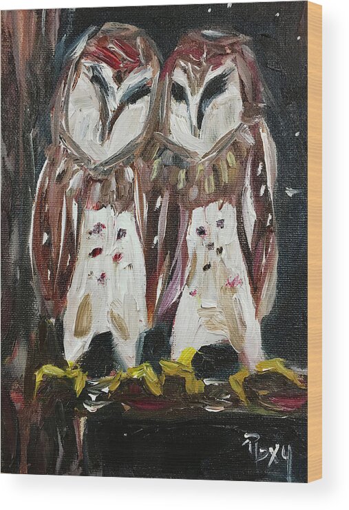 Owls Wood Print featuring the painting Resident Gangstas Backyard Barn Owls by Roxy Rich