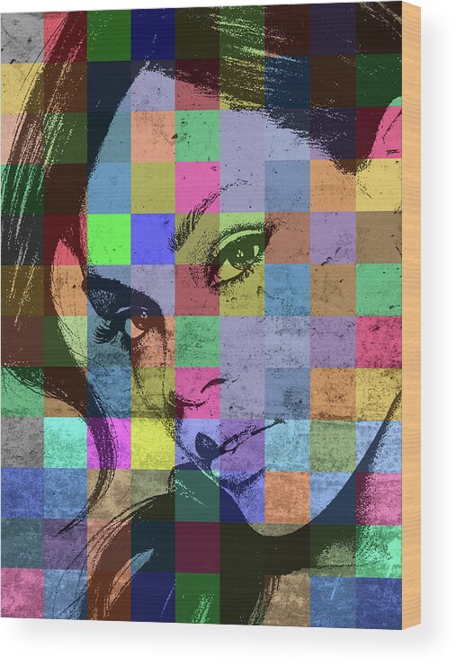 Rihanna Wood Print featuring the mixed media Rihanna Patchwork Pop Art Portrait by Design Turnpike