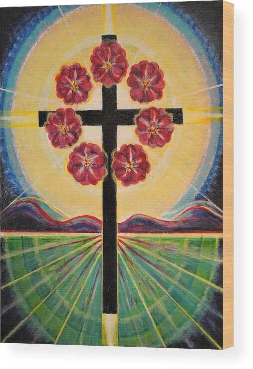 Rose Cross Wood Print featuring the painting Rose Cross and Landscape by Stephen Hawks