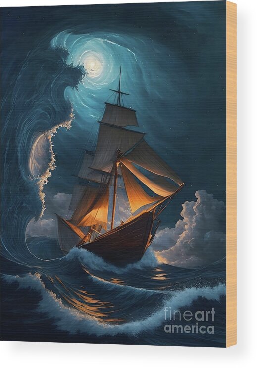 Sea Wood Print featuring the digital art Sailing in the Eye of the Storm 2 by Peter Awax