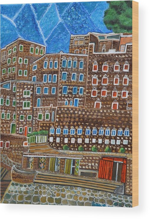 Saudi Arabia Rijal Almaa Mountains Painting Landscape Houses Gingerbread Village Poster Acrylics Oil Pastel Card Holiday Stone Wood Print featuring the painting Saudi Arabia Gingerbread Village Rijal Almaa by Magdalena Frohnsdorff