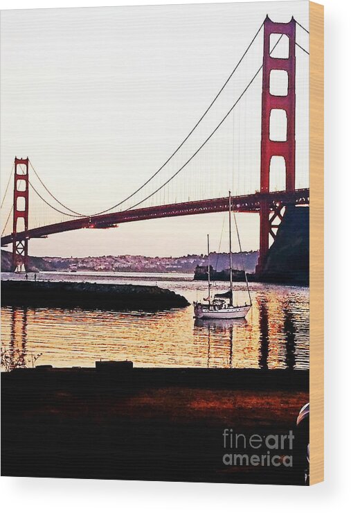 Golden Gate Bridge Wood Print featuring the painting SF Fog Meets October Sunset by Artist Linda Marie