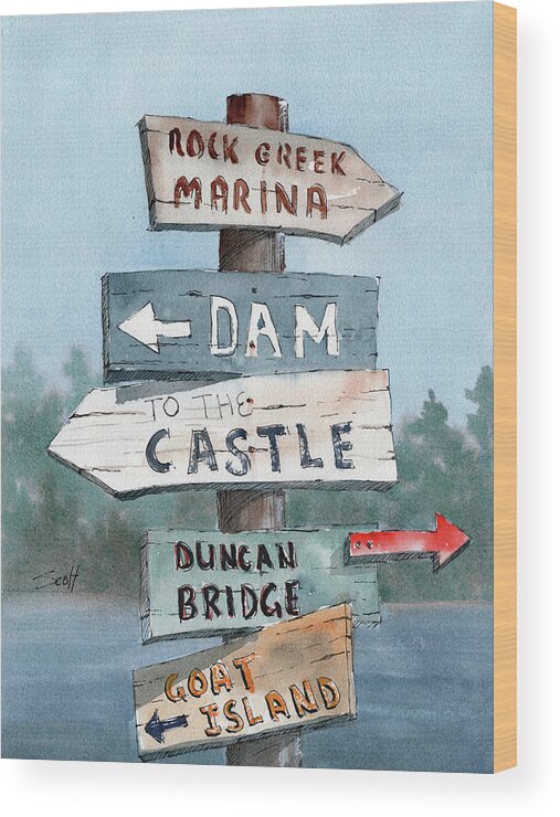 Watercolor Wood Print featuring the painting Sign Post #1 by Scott Brown