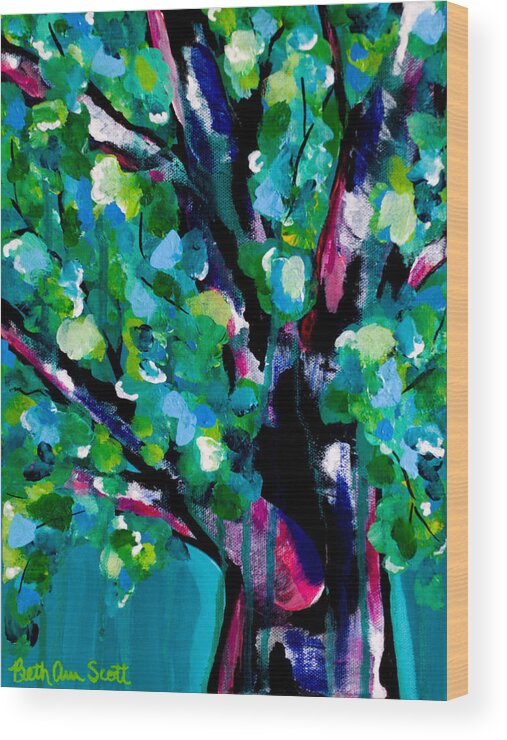 Tree Wood Print featuring the painting Singing in the Rain by Beth Ann Scott