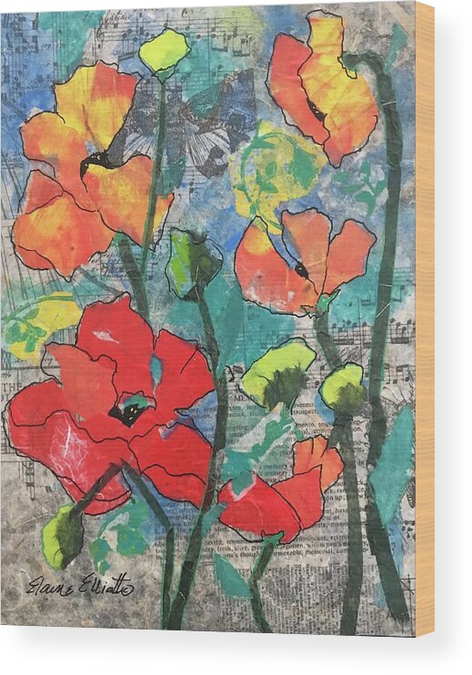 Poppies Wood Print featuring the painting Singing poppies by Elaine Elliott