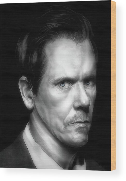 Kevin Bacon Wood Print featuring the drawing Six Degrees of Kevin Bacon - BW Edition by Fred Larucci