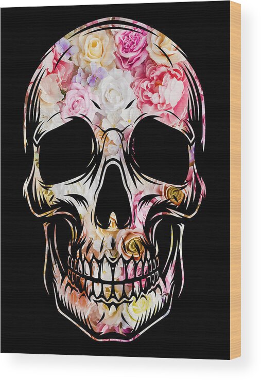 Skull Wood Print featuring the painting Skull Flowers Floral T-Shirt by Tony Rubino