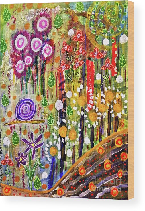 Naive Art Wood Print featuring the mixed media Snail in the Grass by Mimulux Patricia No