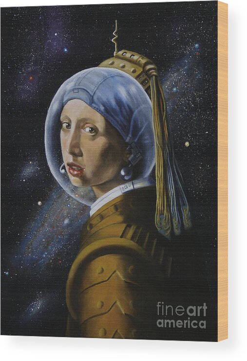 Astronaut Wood Print featuring the painting Space Girl with Pearl Earpiece, after Vermeer by Ken Kvamme