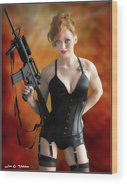 Cosplay Wood Print featuring the photograph Spy in Lingerie with M16 by Jon Volden