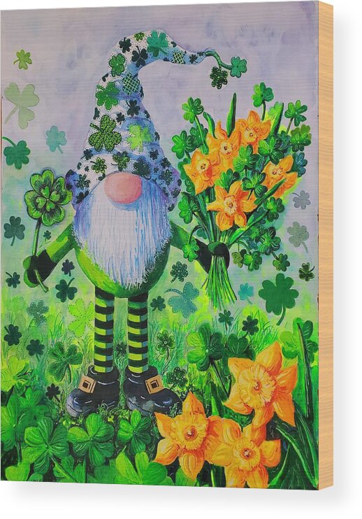 St. Patrick's Day Wood Print featuring the painting St. Patrick's Day Gnome by Diane Phalen