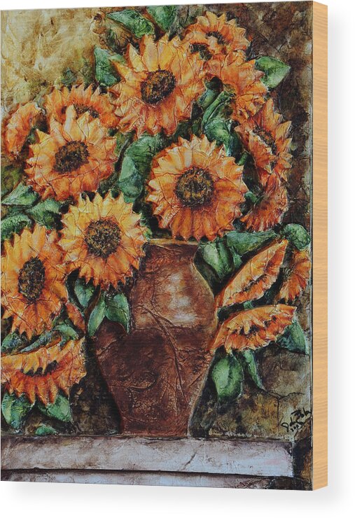 Sunflower Acrylic Painting Vase Flowers Floral Still Life Wood Print featuring the painting Sunflowers by John Bohn