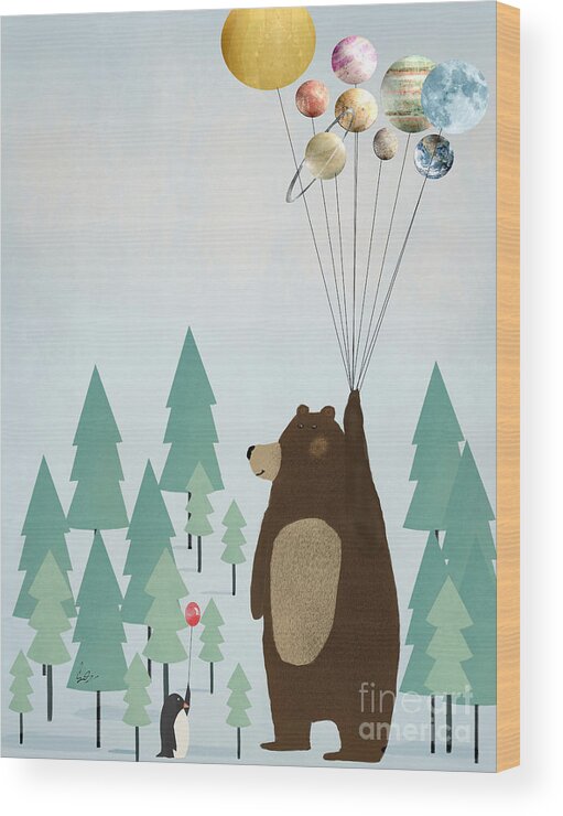 Solar System Wood Print featuring the painting The Astrology Bear by Bri Buckley