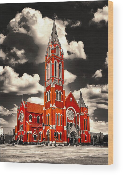 Cathedral Shrine Of The Virgin Of Guadalupe Wood Print featuring the digital art The Cathedral Shrine of the Virgin of Guadalupe in Dallas, Texas, isolated on black and white by Nicko Prints