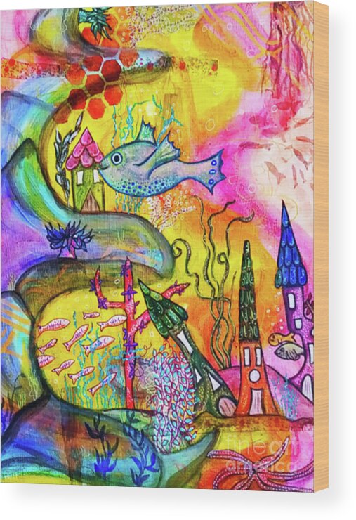 Fish Wood Print featuring the mixed media The Happy Village by Mimulux Patricia No