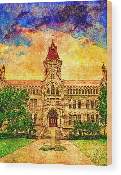 Main Building Wood Print featuring the digital art The north side of the Main Building of St. Edward's University in Austin, Texas, at sunset by Nicko Prints