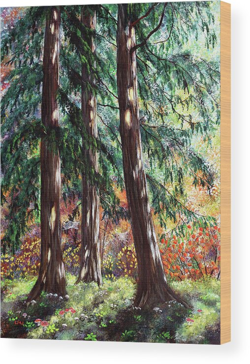 Oregon Wood Print featuring the painting Three Pines on an Autumn Morning by Laura Iverson