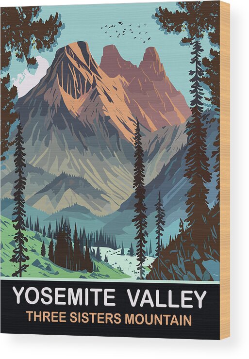Three Sisters Wood Print featuring the digital art Three Sisters Mountain, Yosemite Valley by Long Shot